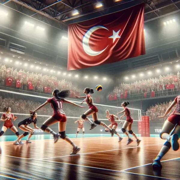turkey women's national volleyball AI on the court with Turkish national flag