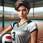 volleyball hairstyles for short hair woman standing on court with volleyball in hand