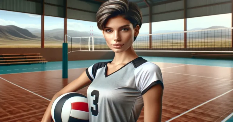 volleyball hairstyles for short hair woman standing on court with volleyball in hand
