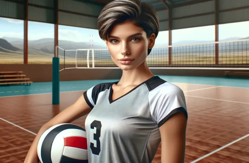 volleyball hairstyles for short hair woman standing on court with volleyball in hand