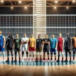 group of volleyball players demonstrating average volleyball player height in front of net