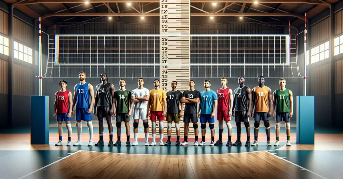group of volleyball players demonstrating average volleyball player height in front of net