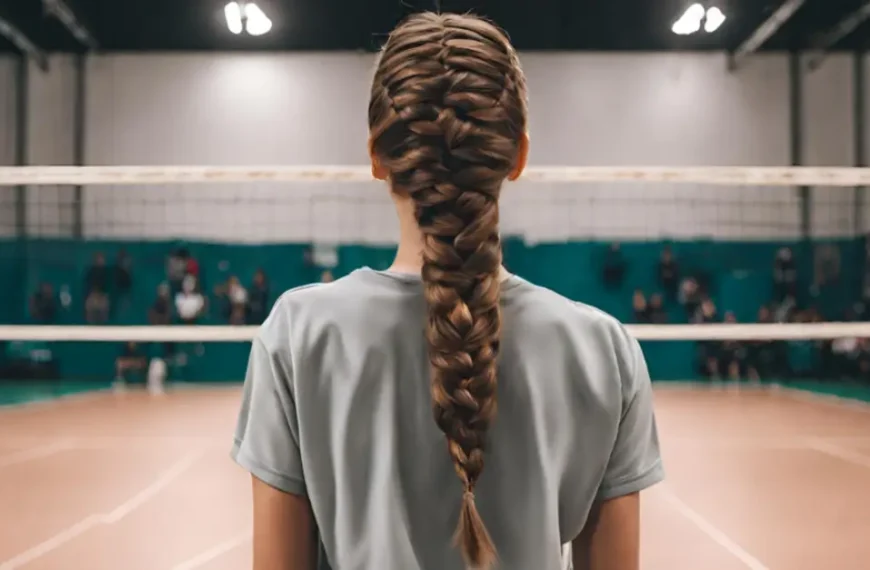 volleyball hairstyles for long hair woman standing on court alone with braid