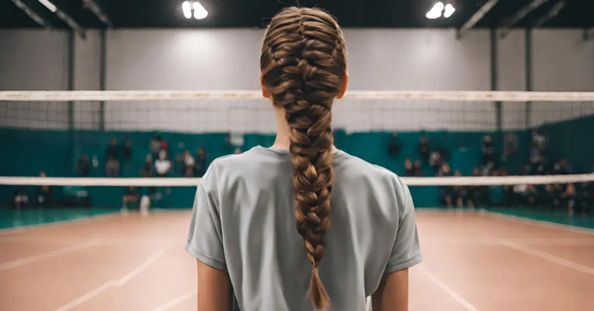 volleyball hairstyles for long hair woman standing on court alone with braid