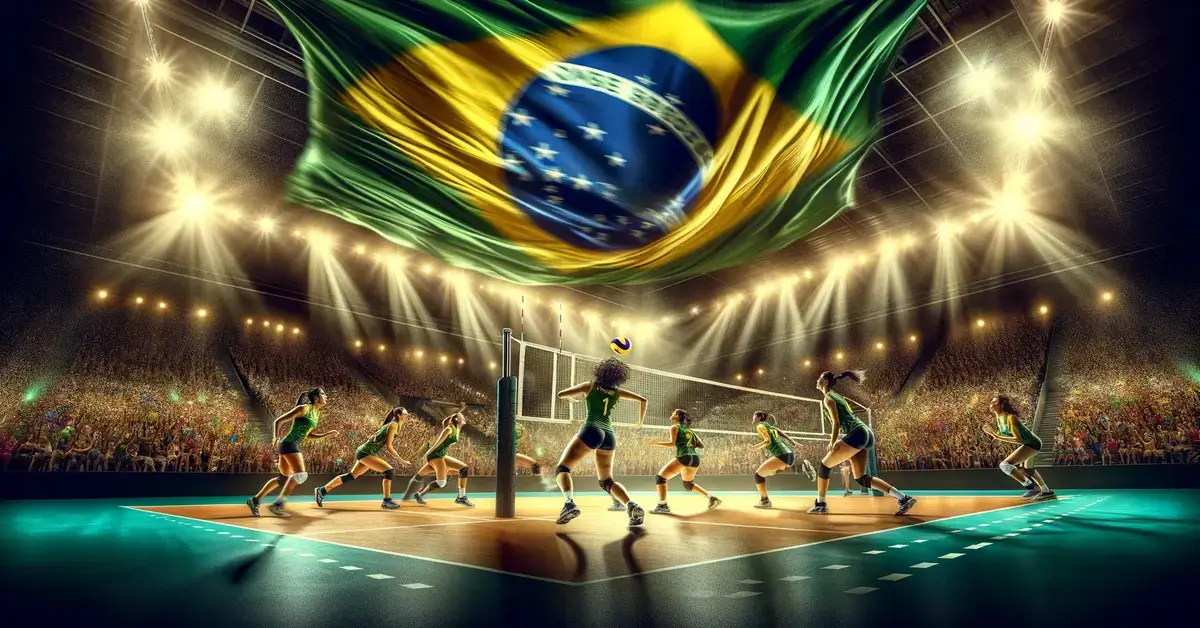 brazil women's national volleyball team AI on the court with Brazilian national flag