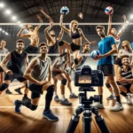 volleyball players try poses for volleyball pictures AI in front of the camera on the court