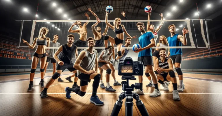 volleyball players try poses for volleyball pictures AI in front of the camera on the court