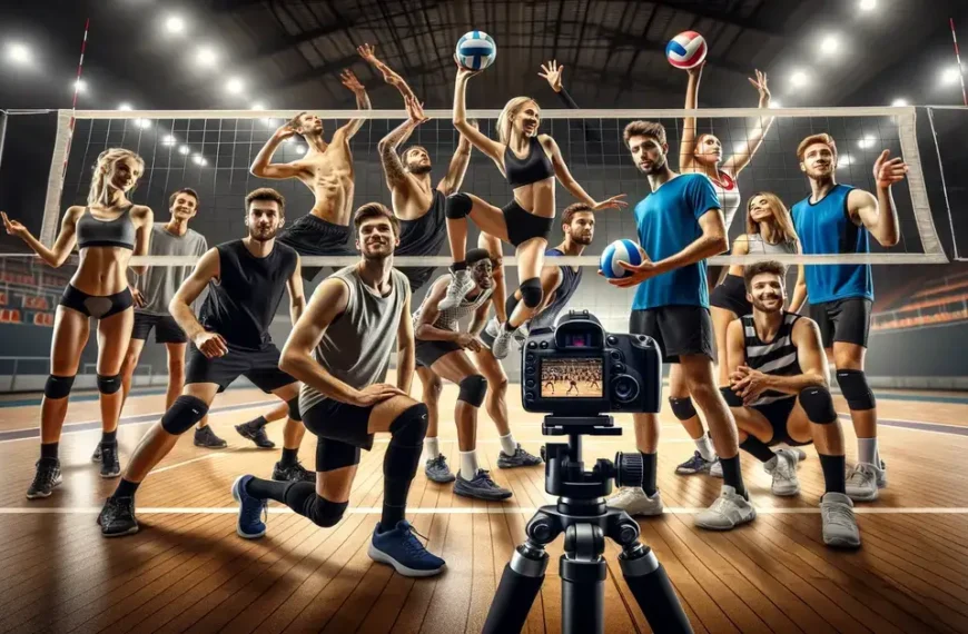 volleyball players try poses for volleyball pictures AI in front of the camera on the court