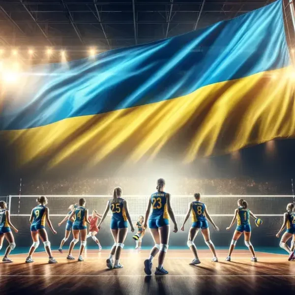 Latest Articles 4 Ukrainian women's volleyball team AI on the court with Ukrainian national flag