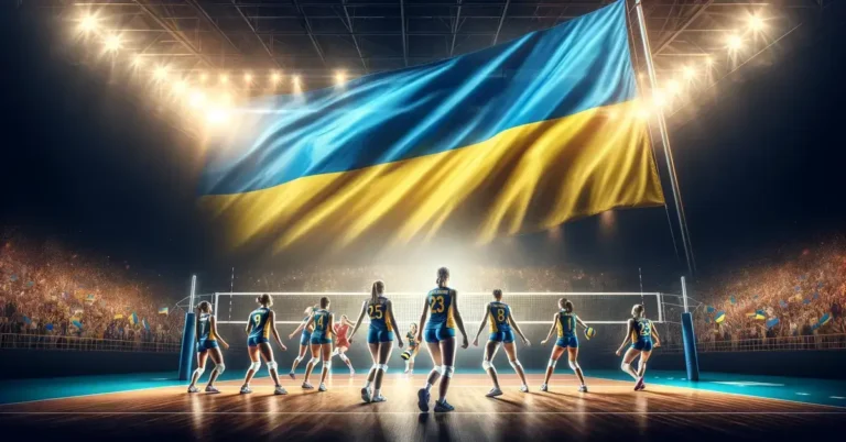 Ukrainian women's volleyball team AI on the court with Ukrainian national flag