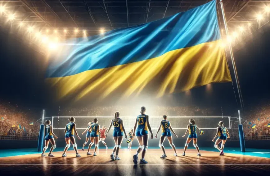 Latest Articles 2 Ukrainian women's volleyball team AI on the court with Ukrainian national flag