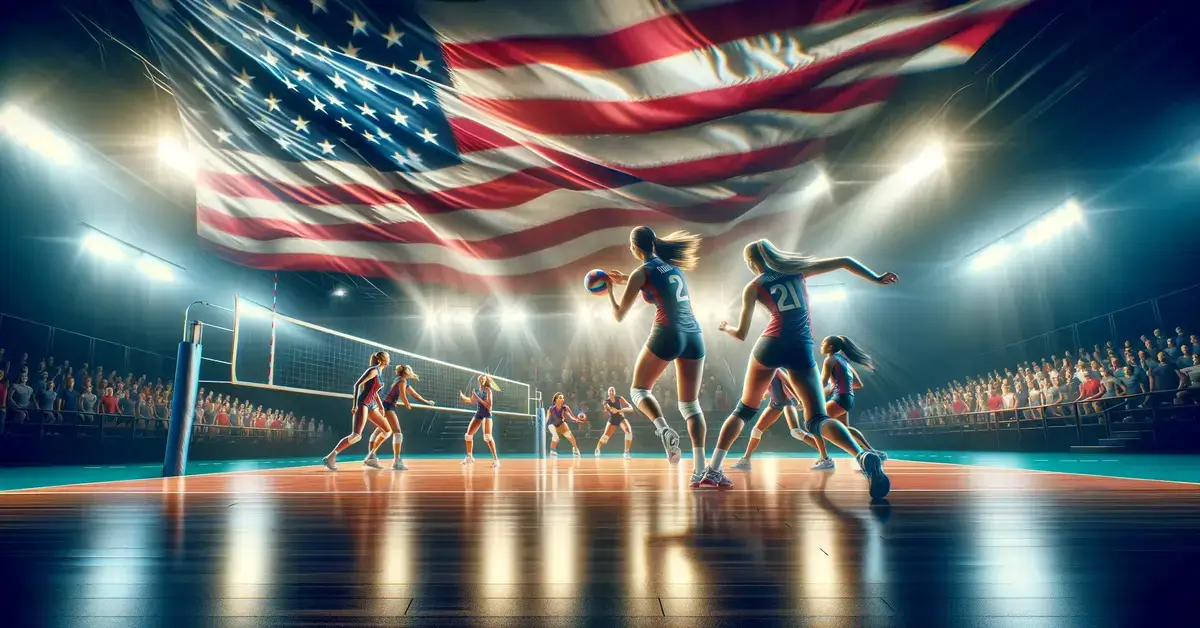 usa women's volleyball team AI on the court with American national flag