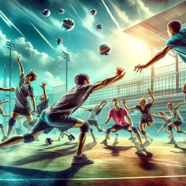 passing drills volleyball AI students on the court practicing