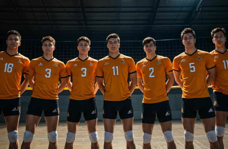 Latest Articles 71 Volleyball Outfits Men: a volleyball team standing on the court with their jerseys