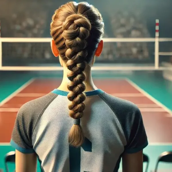 Latest Articles 6 Cute Volleyball Hairstyles: Girl with Bubble Braids standing in front of a Volleyball court