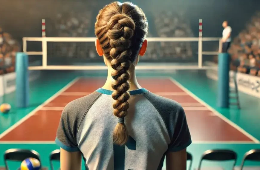 Latest Articles 37 Cute Volleyball Hairstyles: Girl with Bubble Braids standing in front of a Volleyball court