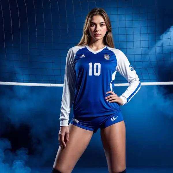 Latest Articles 4 Individual Volleyball Poses: Girl standing in front of a Volleyball net with spotlight on her and blue smoke