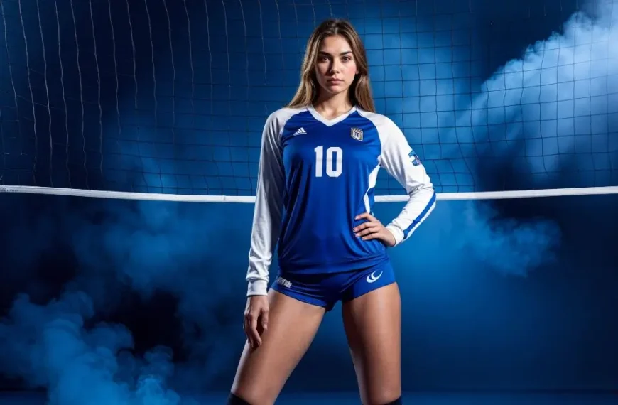Latest Articles 23 Individual Volleyball Poses: Girl standing in front of a Volleyball net with spotlight on her and blue smoke