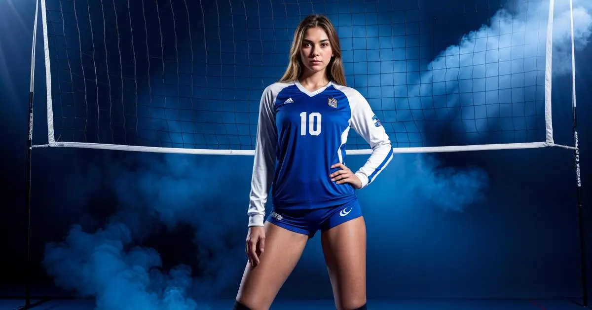 35+ Individual Volleyball Poses: Make You Look Like a Pro! 1 Individual Volleyball Poses: Girl standing in front of a Volleyball net with spotlight on her and blue smoke