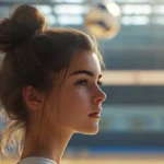 20+ Simple Volleyball Hairstyles Perfect for Practice! 4 Simple Volleyball Hairstyle: A female volleyball girl with a messy bun standing on a volleyball court in front of the net
