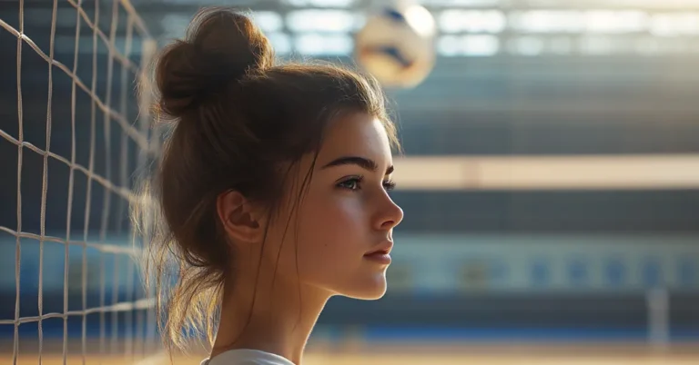 20+ Simple Volleyball Hairstyles Perfect for Practice! 27 Simple Volleyball Hairstyle: A female volleyball girl with a messy bun standing on a volleyball court in front of the net