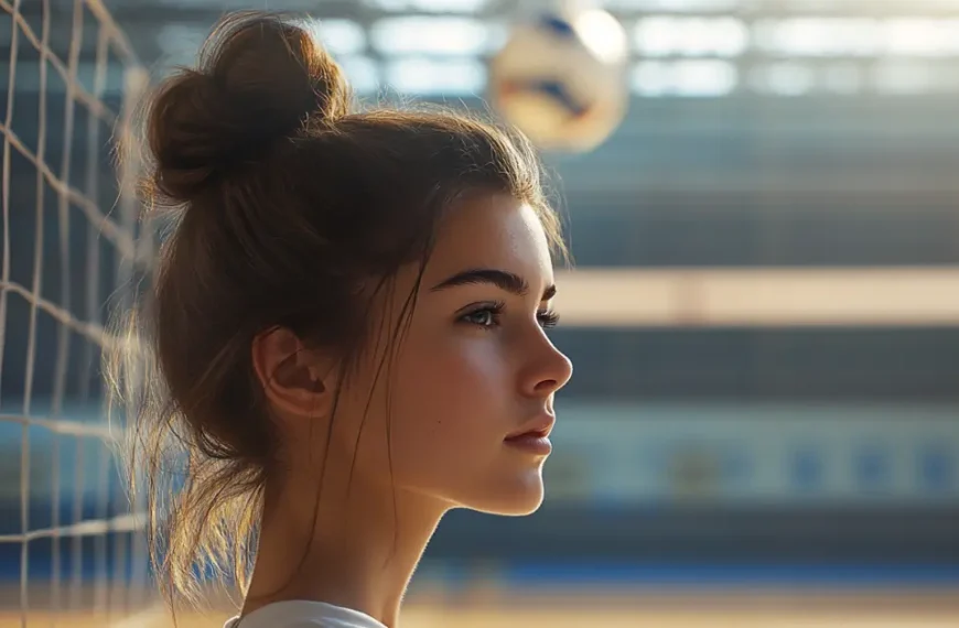 Latest Articles 29 Simple Volleyball Hairstyle: A female volleyball girl with a messy bun standing on a volleyball court in front of the net