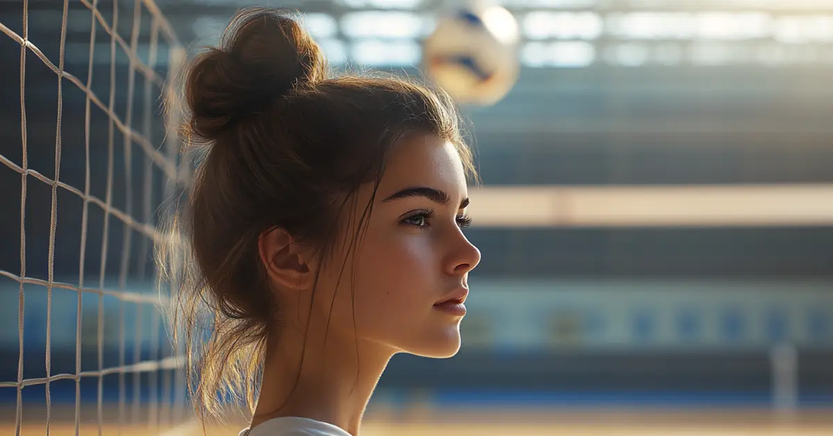 20+ Simple Volleyball Hairstyles Perfect for Practice! 1 Simple Volleyball Hairstyle: A female volleyball girl with a messy bun standing on a volleyball court in front of the net