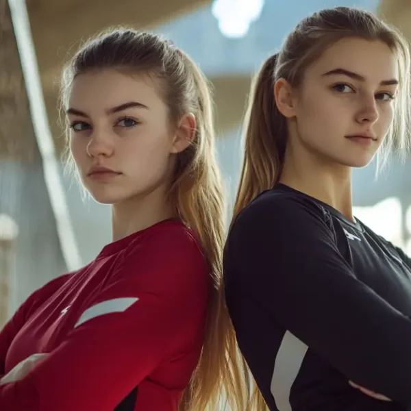 Volleyball Outfits Winter: two girls with long sleeve jersey on the court