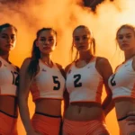 20+ Volleyball Poses 4 People Every Team Needs in Their Feed 3 Volleyball Poses 4 People: four female volleyball players striking a confident pose with orange smoke in the background