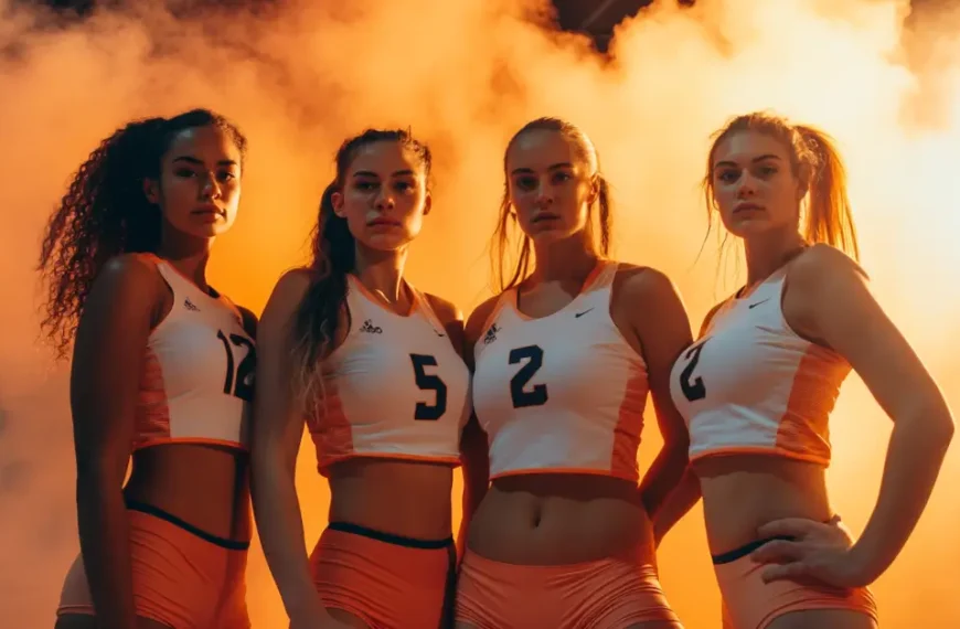 Latest Articles 11 Volleyball Poses 4 People: four female volleyball players striking a confident pose with orange smoke in the background