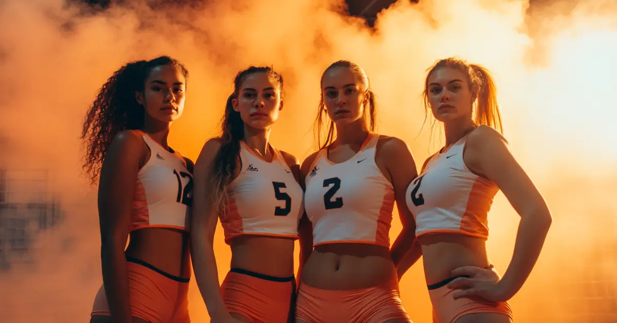 20+ Volleyball Poses 4 People Every Team Needs in Their Feed 1 Volleyball Poses 4 People: four female volleyball players striking a confident pose with orange smoke in the background