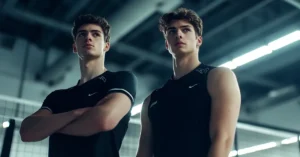 Volleyball Outfits Men Black: Two male volleyball players standing on the court wearing black volleyball outfits