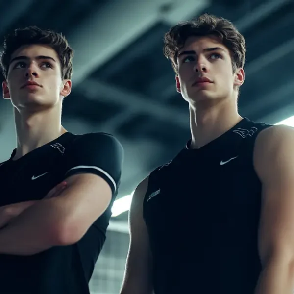 Volleyball Outfits Men Black: Two male volleyball players standing on the court wearing black volleyball outfits