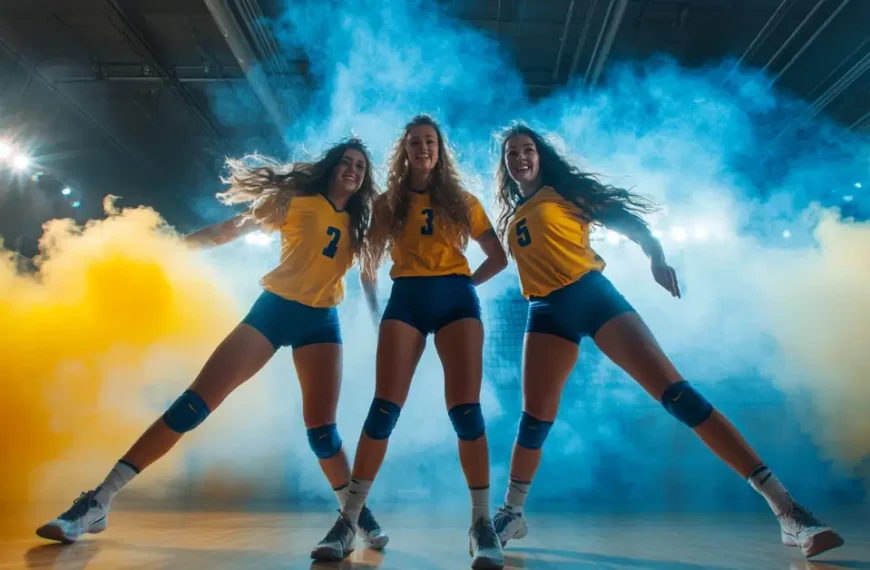 Volleyball Pose Ideas: Three volleyball players striking a volleyball pose on media day.