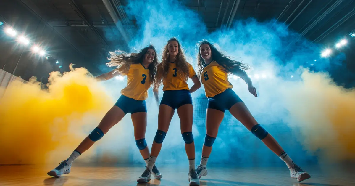 Volleyball Pose Ideas: Three volleyball players striking a volleyball pose on media day.