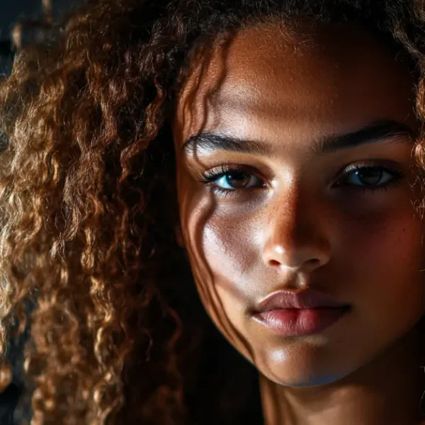 Curly Volleyball Hairstyles: a girl standing in front of a volleyball net with dark curly hairs