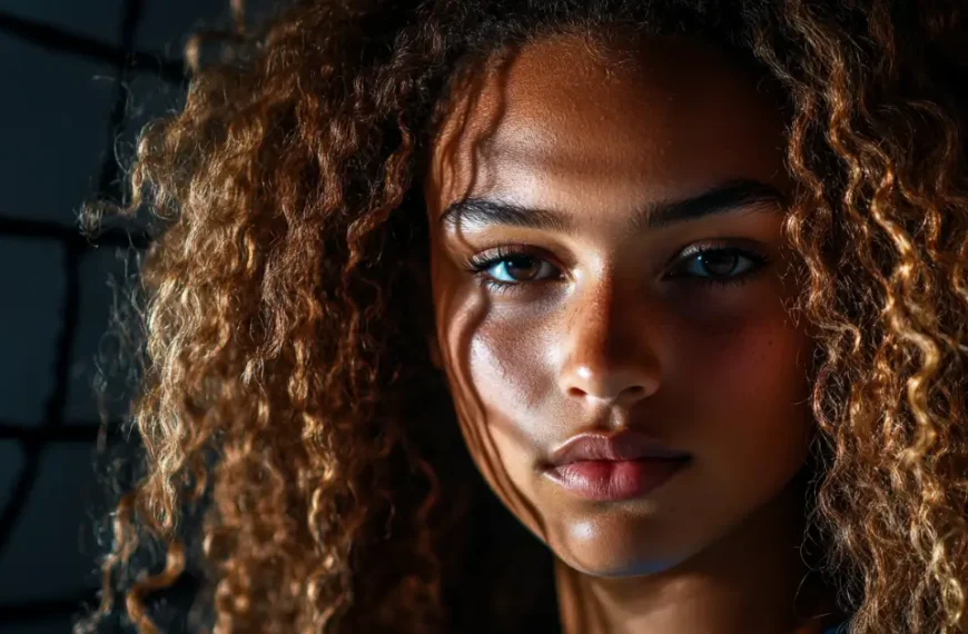 Latest Articles 31 Curly Volleyball Hairstyles: a girl standing in front of a volleyball net with dark curly hairs