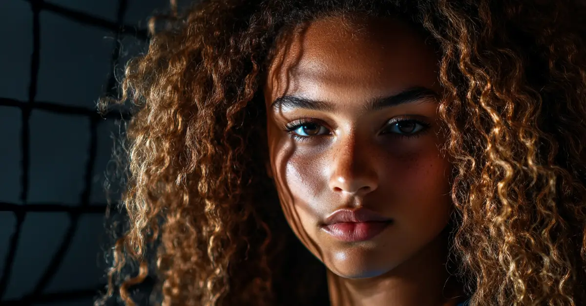 25+ Curly Volleyball Hairstyles You NEED To Try Now! 1 Curly Volleyball Hairstyles: a girl standing in front of a volleyball net with dark curly hairs