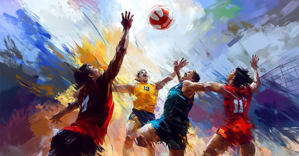 50+ Volleyball Wallpapers You Need As A Fan To Get Obsessed! 1 Volleyball Wallpaper: dynamic volleyball match, capturing raw emotions of the players, in the style of vibrant colors and dramatic lighting, intense facial expressions and action poses, painting with bold brushstrokes