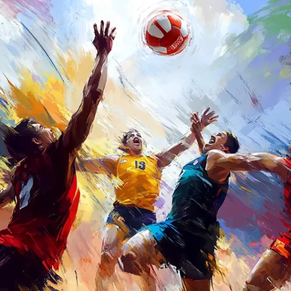 Latest Articles 4 Volleyball Wallpaper: dynamic volleyball match, capturing raw emotions of the players, in the style of vibrant colors and dramatic lighting, intense facial expressions and action poses, painting with bold brushstrokes