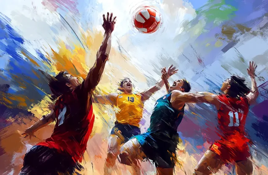 Latest Articles 17 Volleyball Wallpaper: dynamic volleyball match, capturing raw emotions of the players, in the style of vibrant colors and dramatic lighting, intense facial expressions and action poses, painting with bold brushstrokes