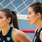 20+ Volleyball Hairstyles for Medium Hair You’ll Love! 3 Two girls with volleyball hairstyles for medium length hair in front of a volleyball net