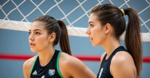 Two girls with volleyball hairstyles for medium length hair in front of a volleyball net