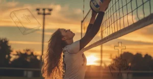 Christian Volleyball Wallpaper where a volleyball girl standing on the net with a sunset in the background