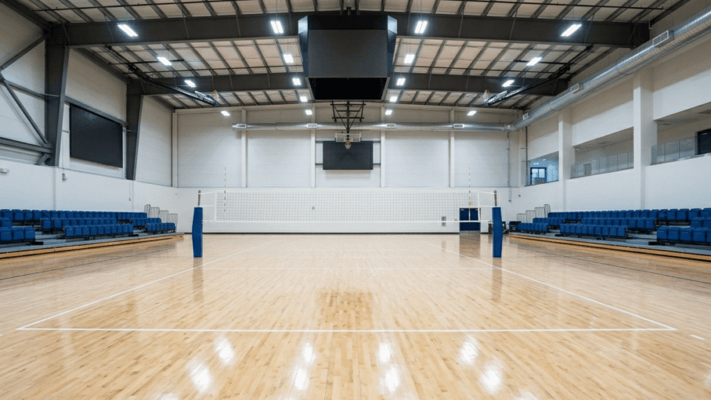 Indoor Volleyball Court 1 Wide-angle view of a pristine empty professional indoor volleyball court.