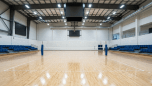Wide-angle view of a pristine empty professional indoor volleyball court.