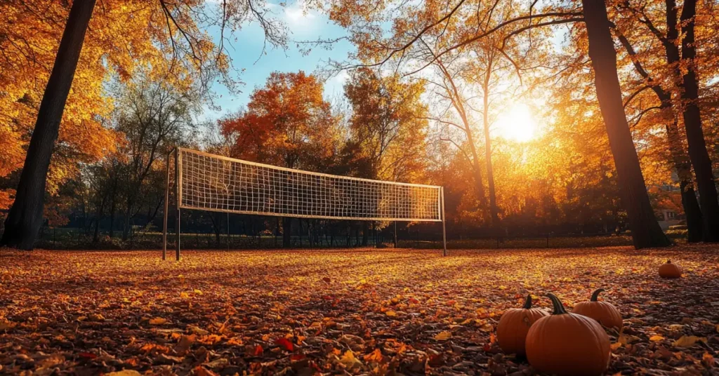 Fall Volleyball Wallpaper with a scerenic autumn vibe and pumpkins on the field