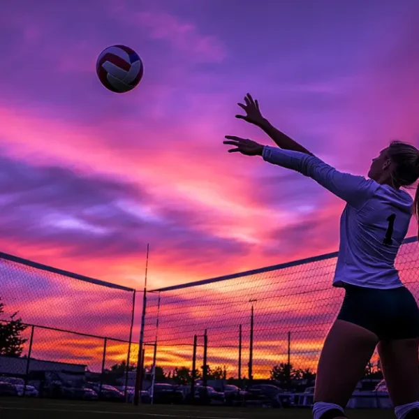 Latest Articles 6 Volleyball Wallpaper Aesthetic with a girl playing volleyball in front of violet sunset.