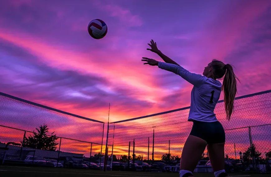 Volleyball Wallpaper Aesthetic with a girl playing volleyball in front of violet sunset.