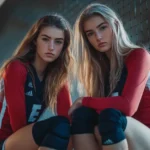two female players wearing cute volleyball outfits with a red long sleeve and knee pads